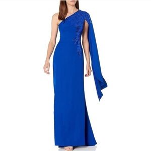 Tadashi Shoji One Shoulder Royal Blue Sequin Cape Sleeve Dress size 10